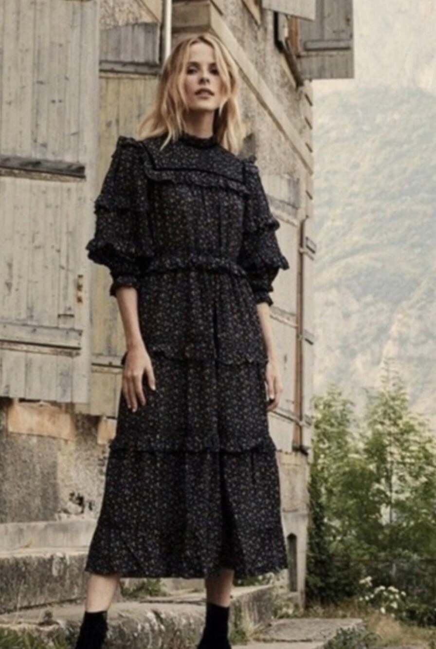 Dôen Floral Print Tiered Midi Dress with Velvet Trim